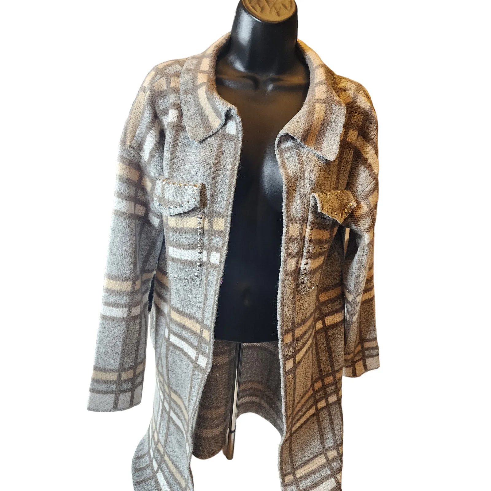 Madison Plaid Knit Cardigan Sweater Womens Large Open Front Layering Rhinestone