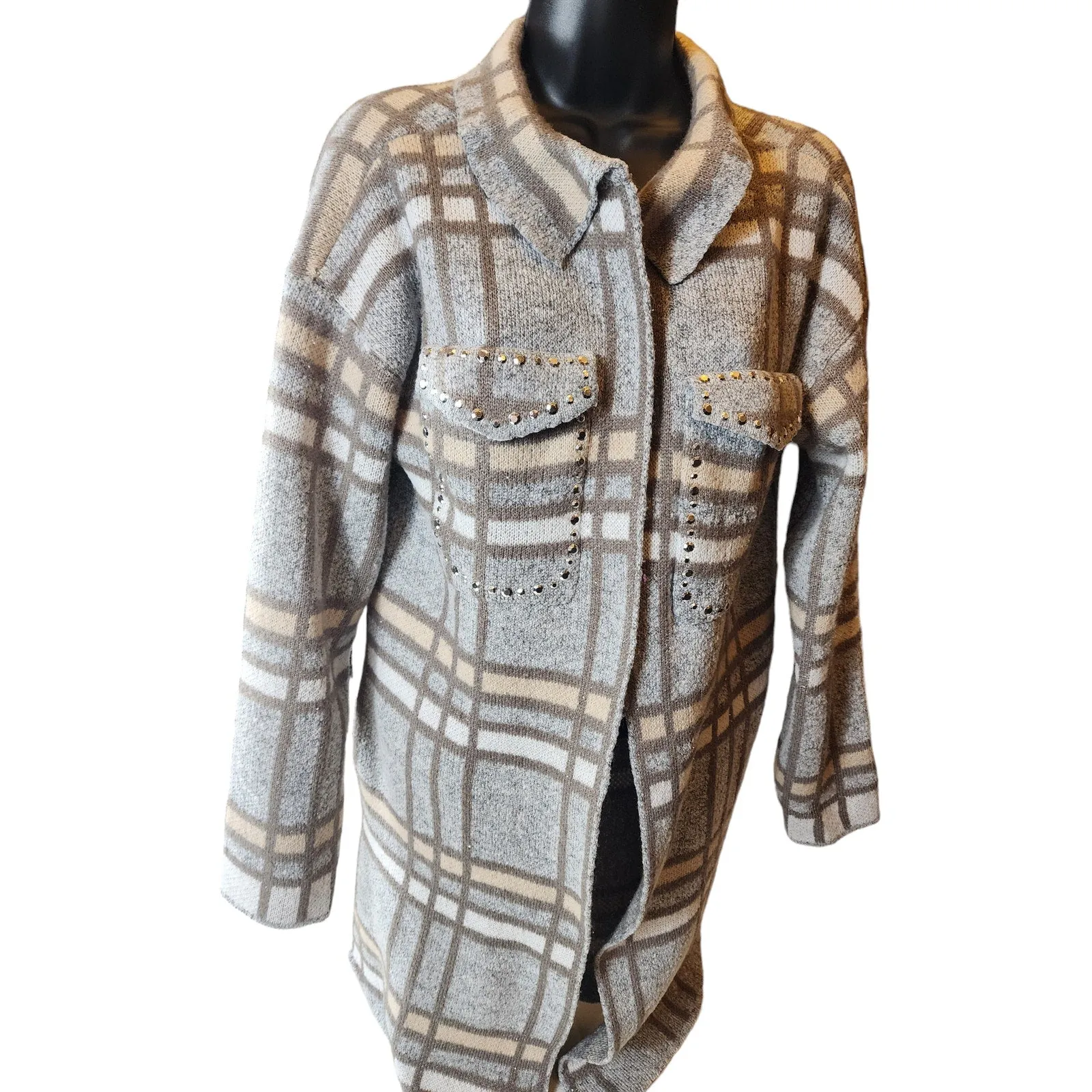 Madison Plaid Knit Cardigan Sweater Womens Large Open Front Layering Rhinestone