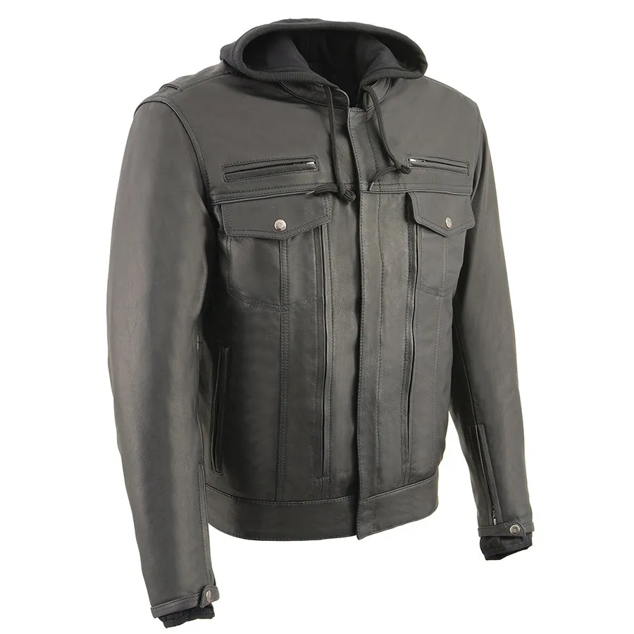Men’s Leather Utility Pocket Vented Jacket w/ Full Sleeve Removable Hoodie