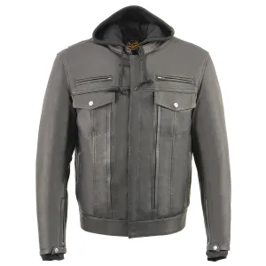 Men’s Leather Utility Pocket Vented Jacket w/ Full Sleeve Removable Hoodie