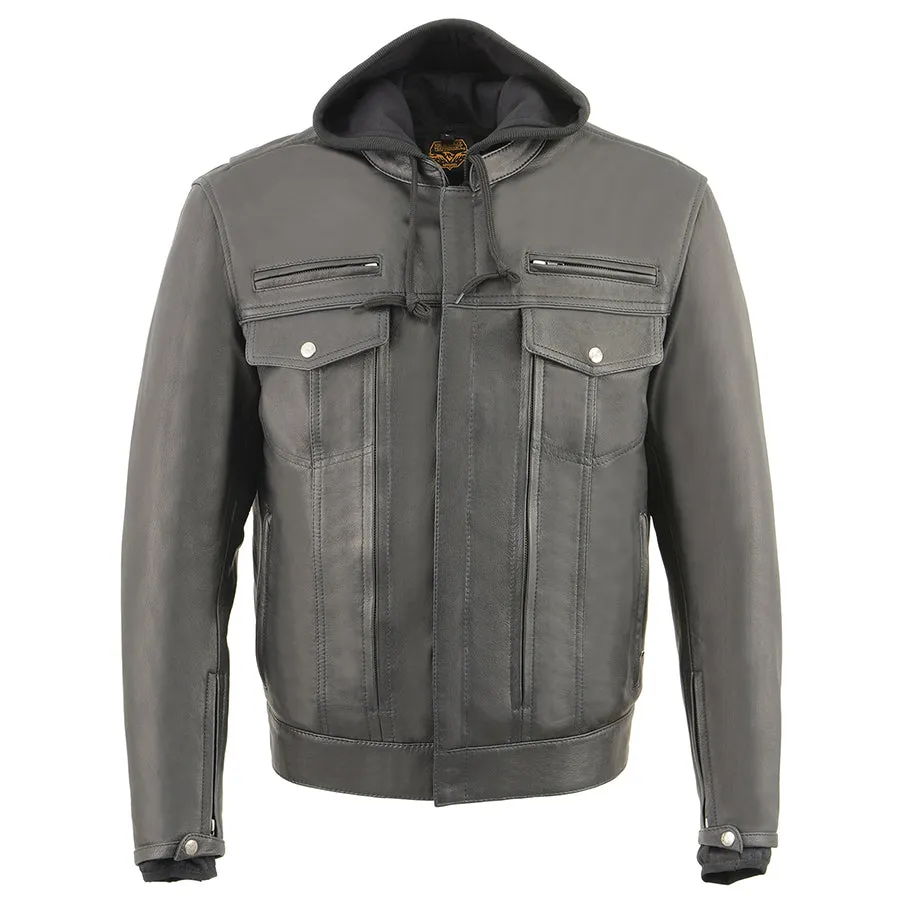 Men’s Leather Utility Pocket Vented Jacket w/ Full Sleeve Removable Hoodie