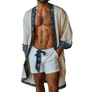 Men's Retro Casual Print Beach Street Cotton and Linen Cardigan 58620078TO