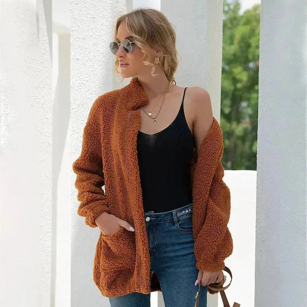 New Autumn Winter Zip up Plush Cardigan Sweater for Women