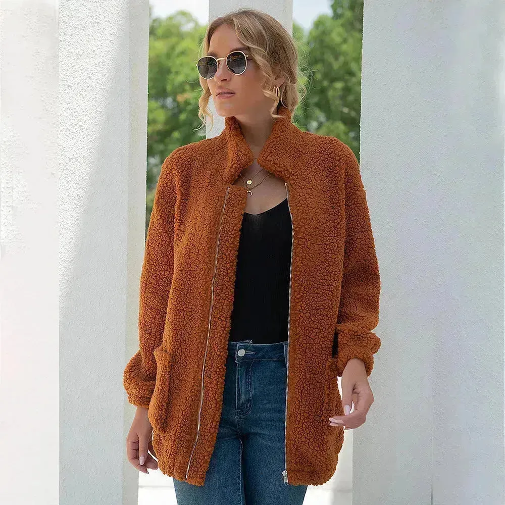 New Autumn Winter Zip up Plush Cardigan Sweater for Women