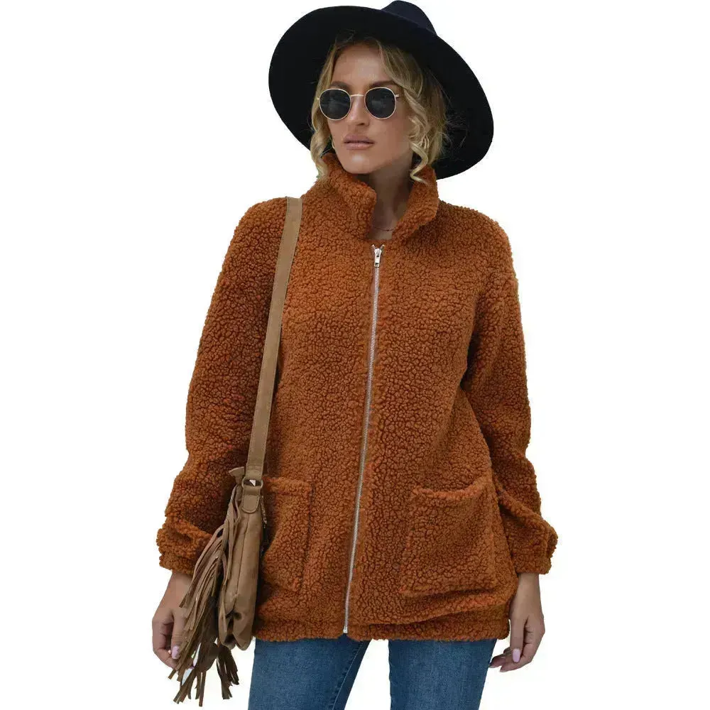 New Autumn Winter Zip up Plush Cardigan Sweater for Women