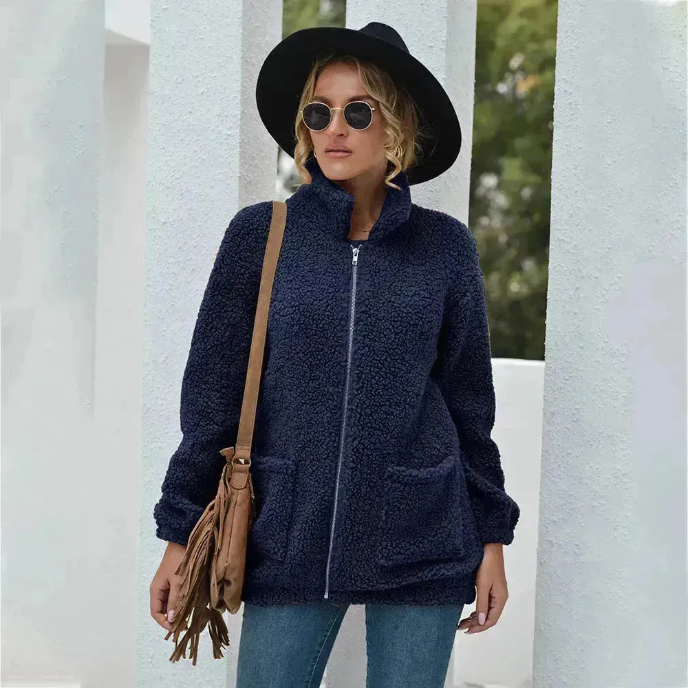 New Autumn Winter Zip up Plush Cardigan Sweater for Women