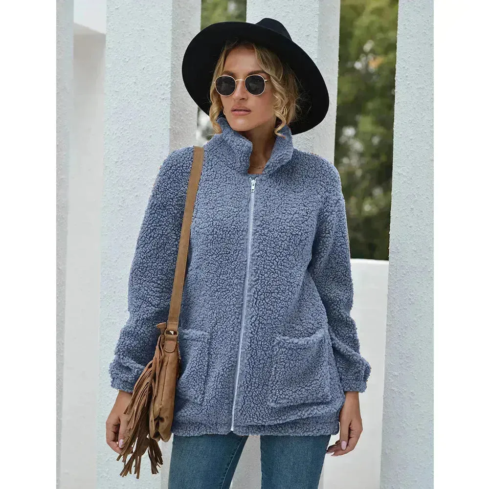 New Autumn Winter Zip up Plush Cardigan Sweater for Women