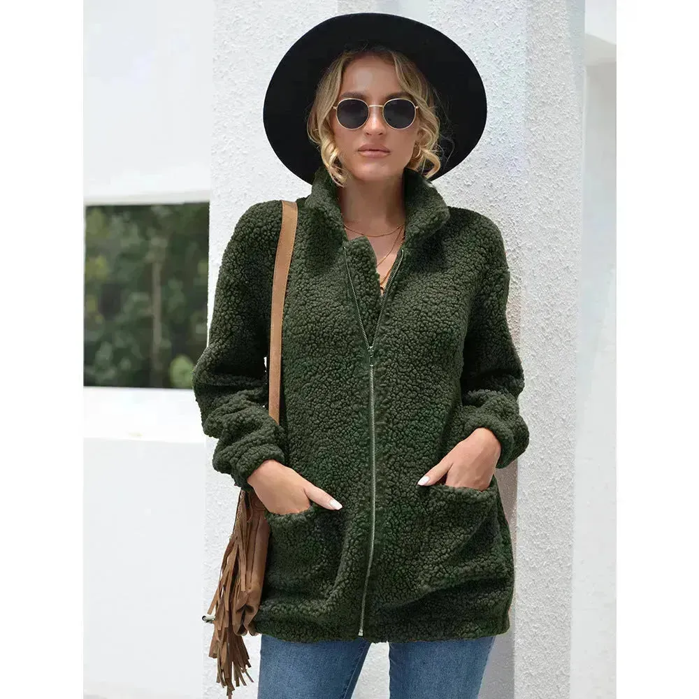New Autumn Winter Zip up Plush Cardigan Sweater for Women