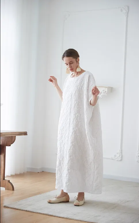 O neck white dress women caftan gown dress for holiday