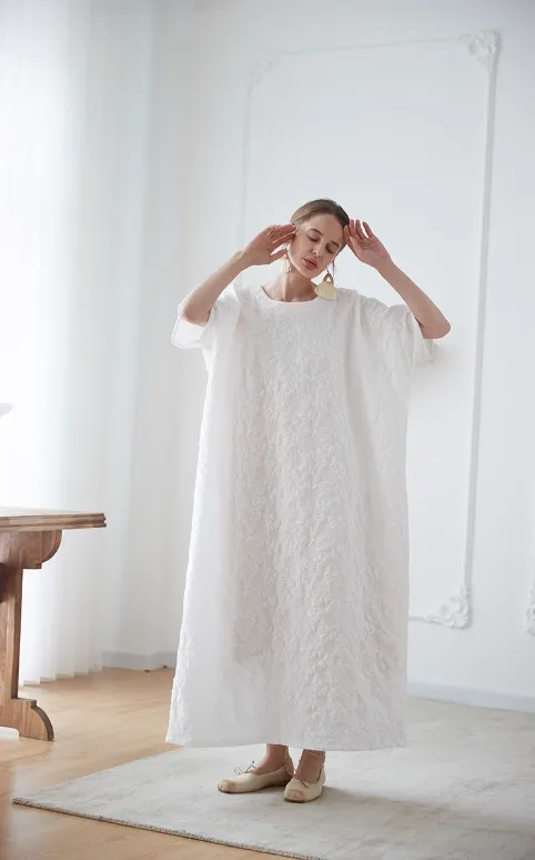 O neck white dress women caftan gown dress for holiday