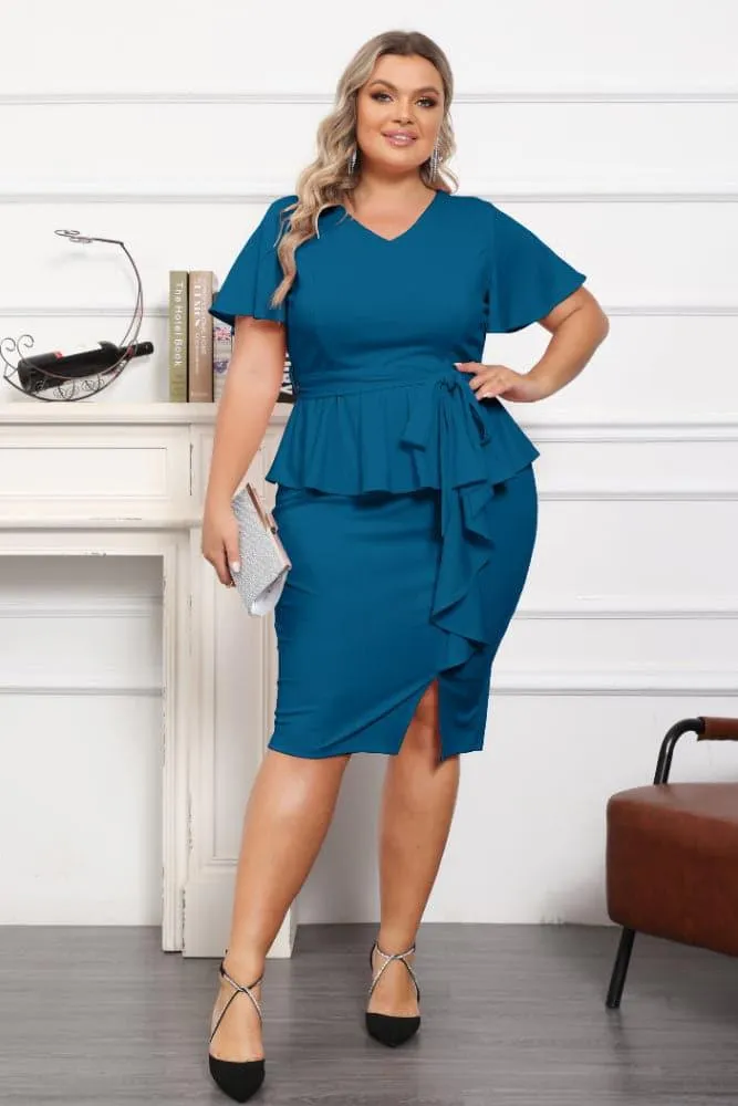 OL Short Sleeve Front Slit Twinset Bodycon Dress