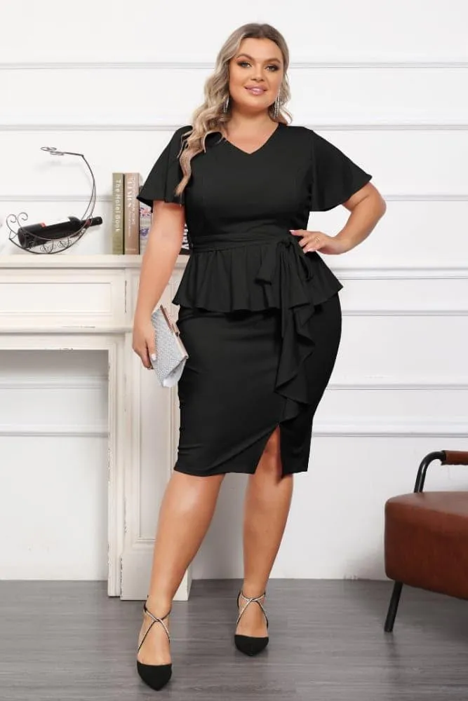OL Short Sleeve Front Slit Twinset Bodycon Dress
