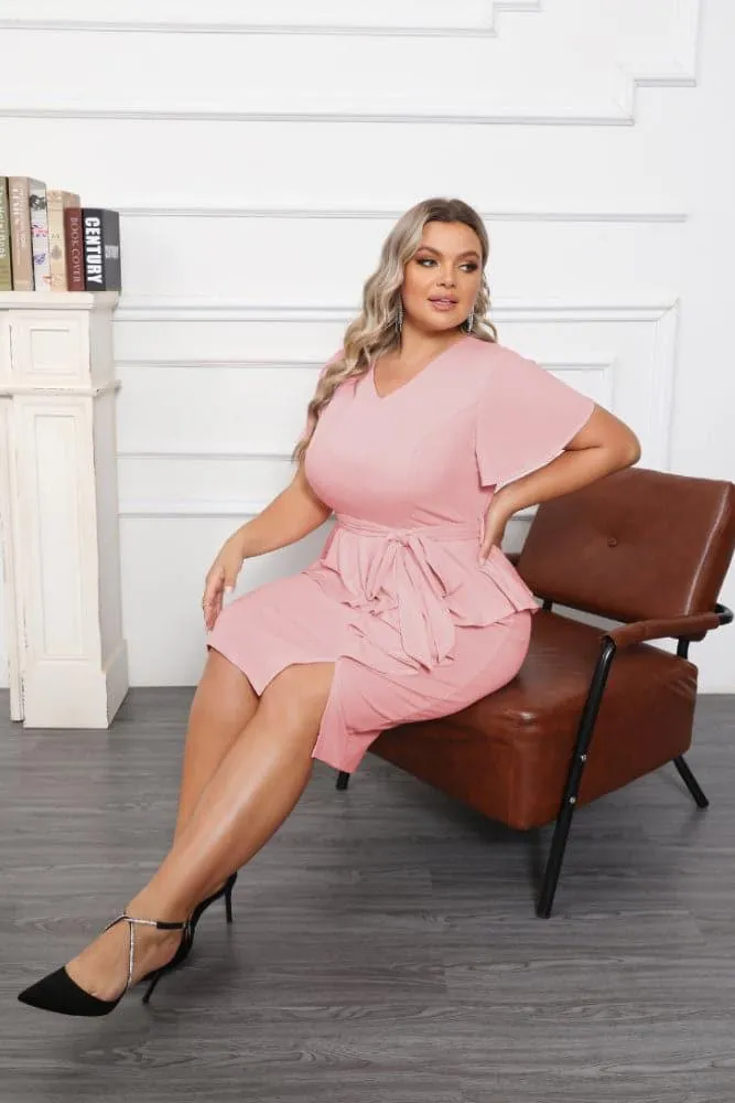 OL Short Sleeve Front Slit Twinset Bodycon Dress