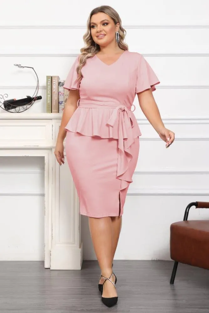OL Short Sleeve Front Slit Twinset Bodycon Dress