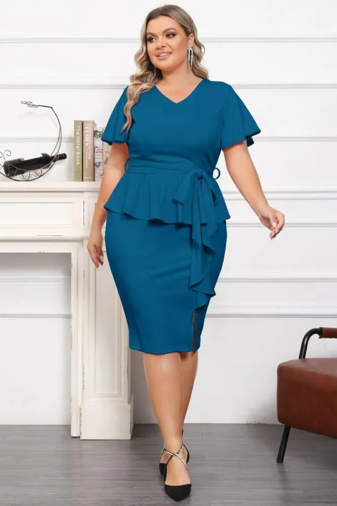 OL Short Sleeve Front Slit Twinset Bodycon Dress