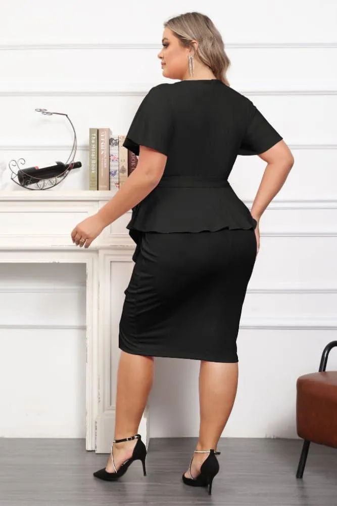 OL Short Sleeve Front Slit Twinset Bodycon Dress