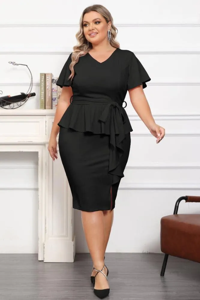 OL Short Sleeve Front Slit Twinset Bodycon Dress