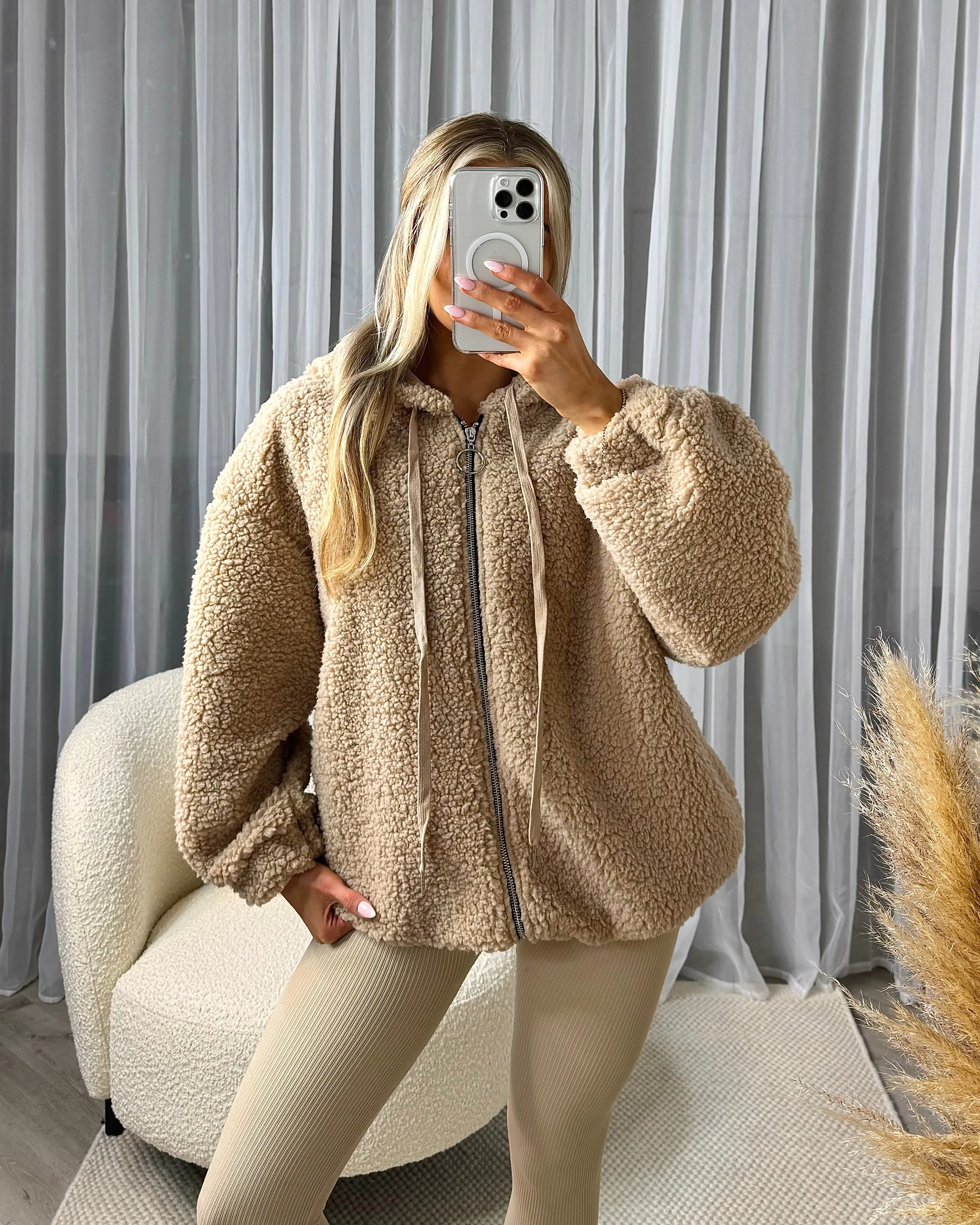 Olivia Teddy Style Zip Front Hooded Jacket - Beige