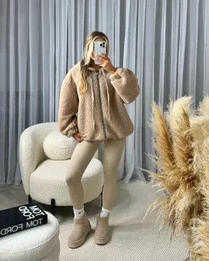 Olivia Teddy Style Zip Front Hooded Jacket - Beige