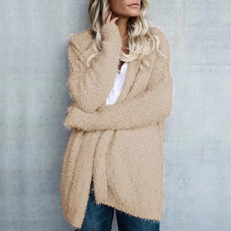 Oversized Faux Wool Long Hooded Cardigan With Pockets