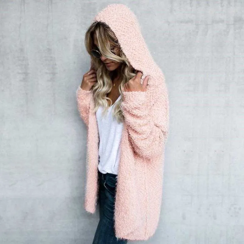 Oversized Faux Wool Long Hooded Cardigan With Pockets