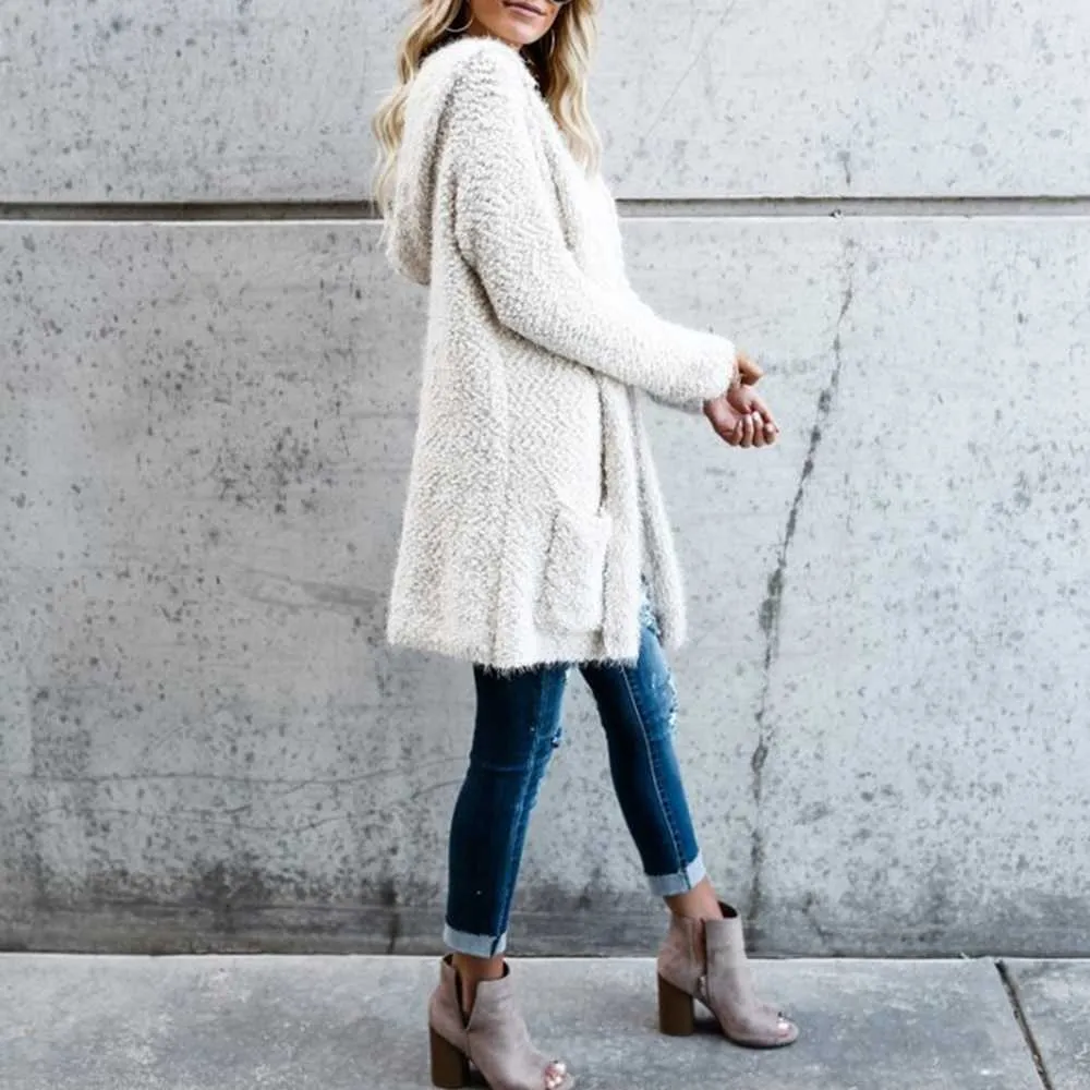 Oversized Faux Wool Long Hooded Cardigan With Pockets