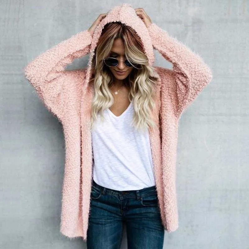 Oversized Faux Wool Long Hooded Cardigan With Pockets