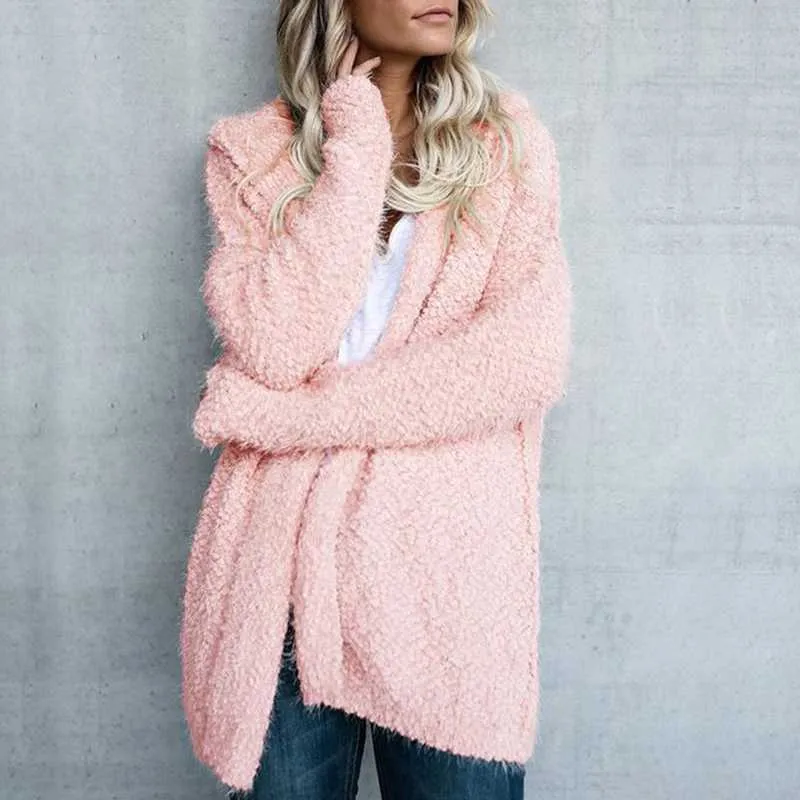 Oversized Faux Wool Long Hooded Cardigan With Pockets