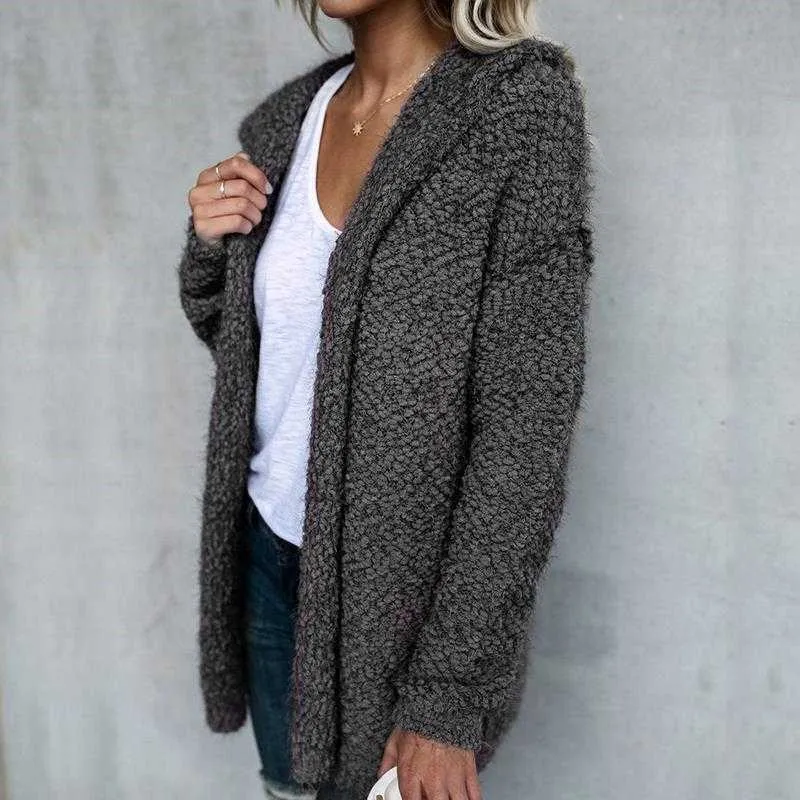 Oversized Faux Wool Long Hooded Cardigan With Pockets