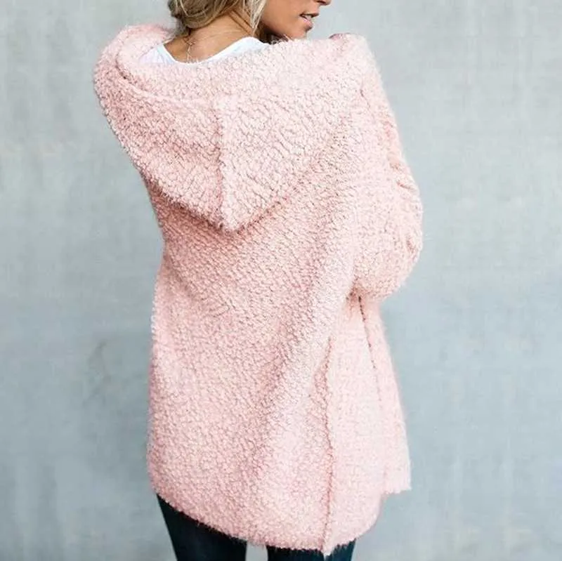 Oversized Faux Wool Long Hooded Cardigan With Pockets