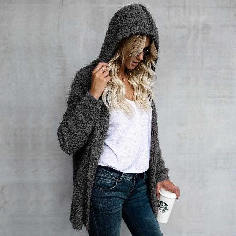 Oversized Faux Wool Long Hooded Cardigan With Pockets
