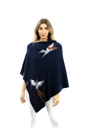 Poncho with Embroidered Phoenix - Navy