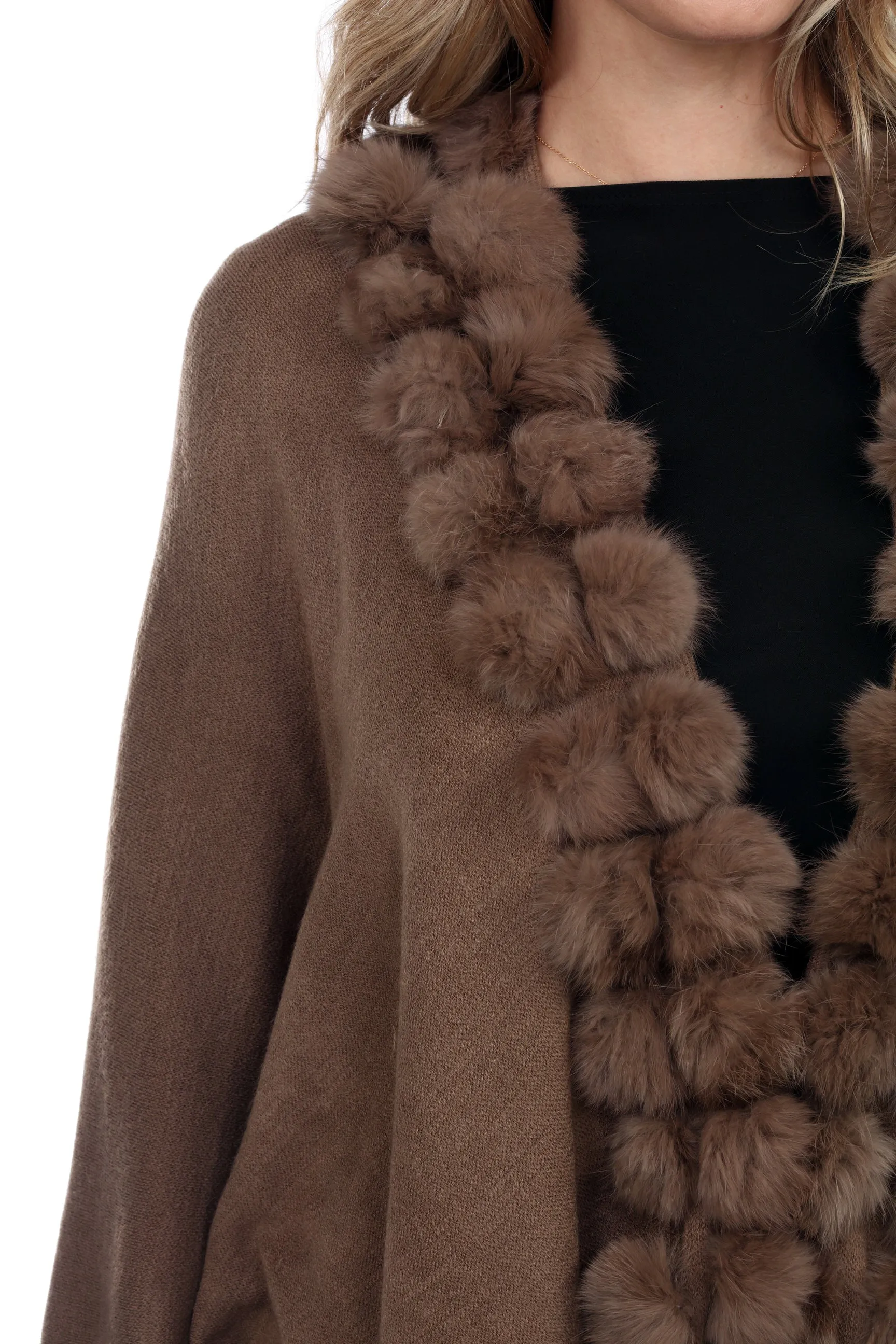 Rabbit Fur Ball Faux Trim Cape Winter Poncho-1901