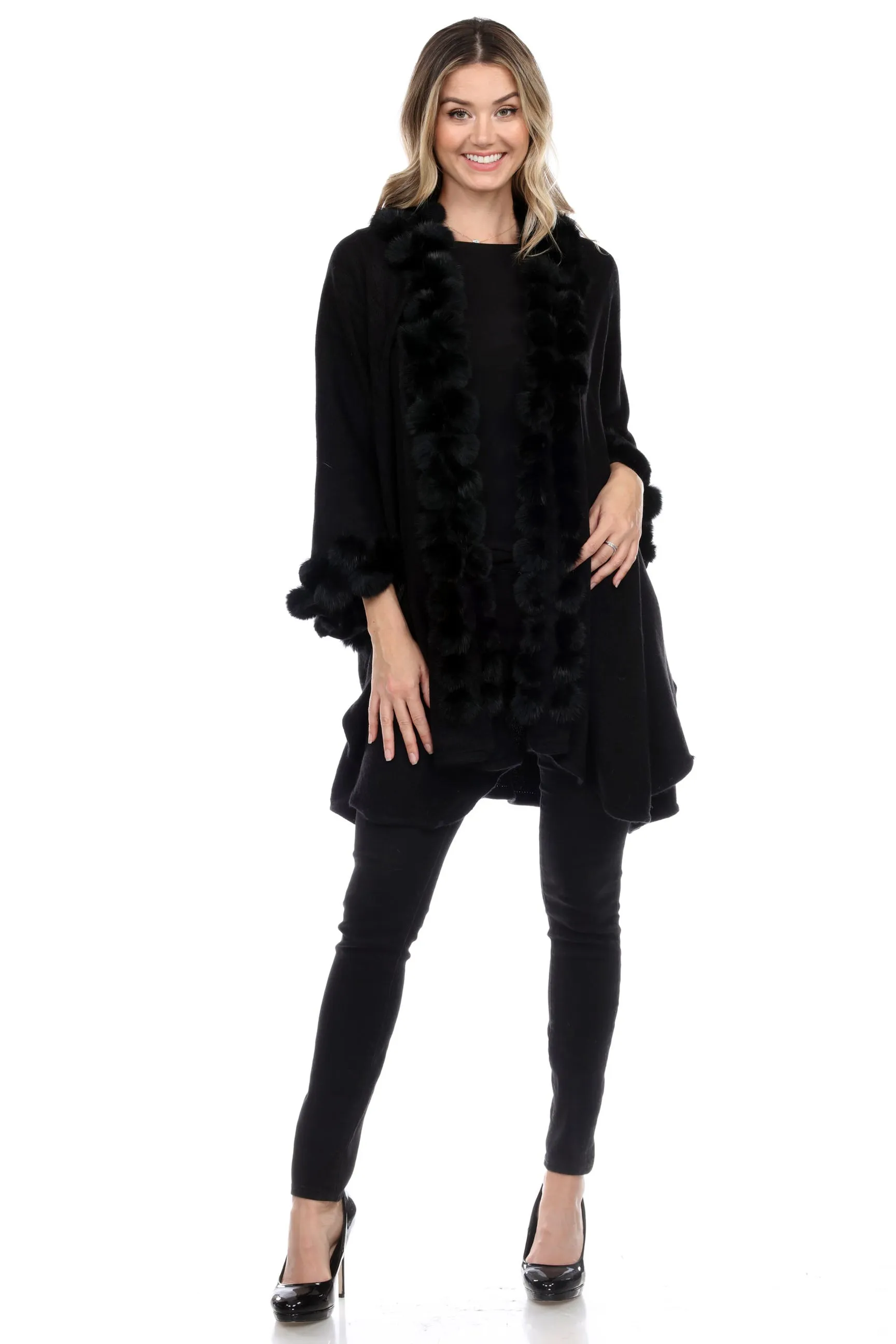 Rabbit Fur Ball Faux Trim Cape Winter Poncho-1901