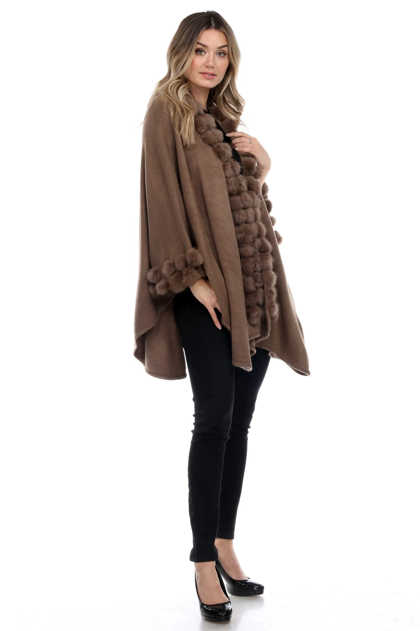 Rabbit Fur Ball Faux Trim Cape Winter Poncho-1901