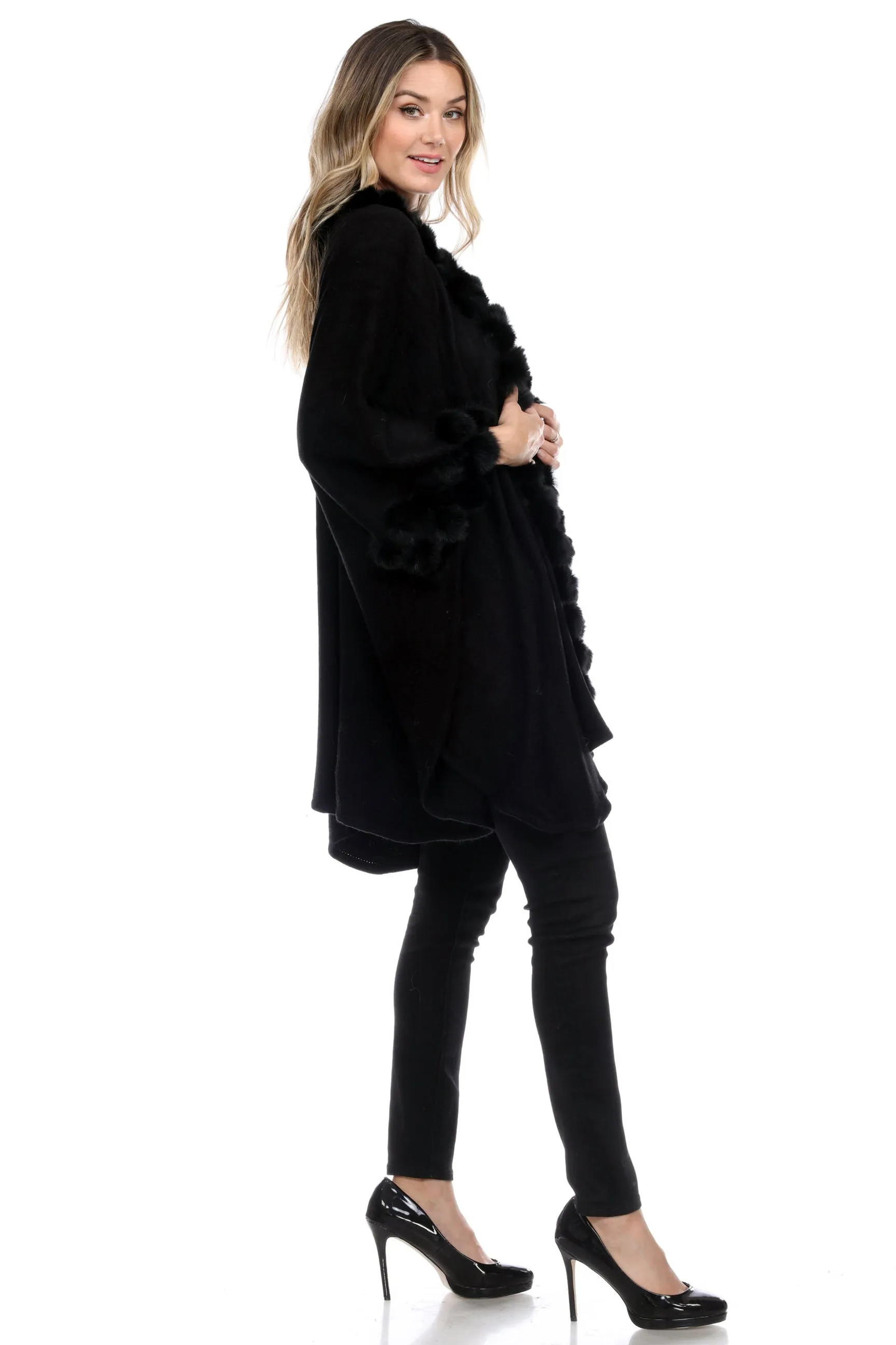 Rabbit Fur Ball Faux Trim Cape Winter Poncho-1901