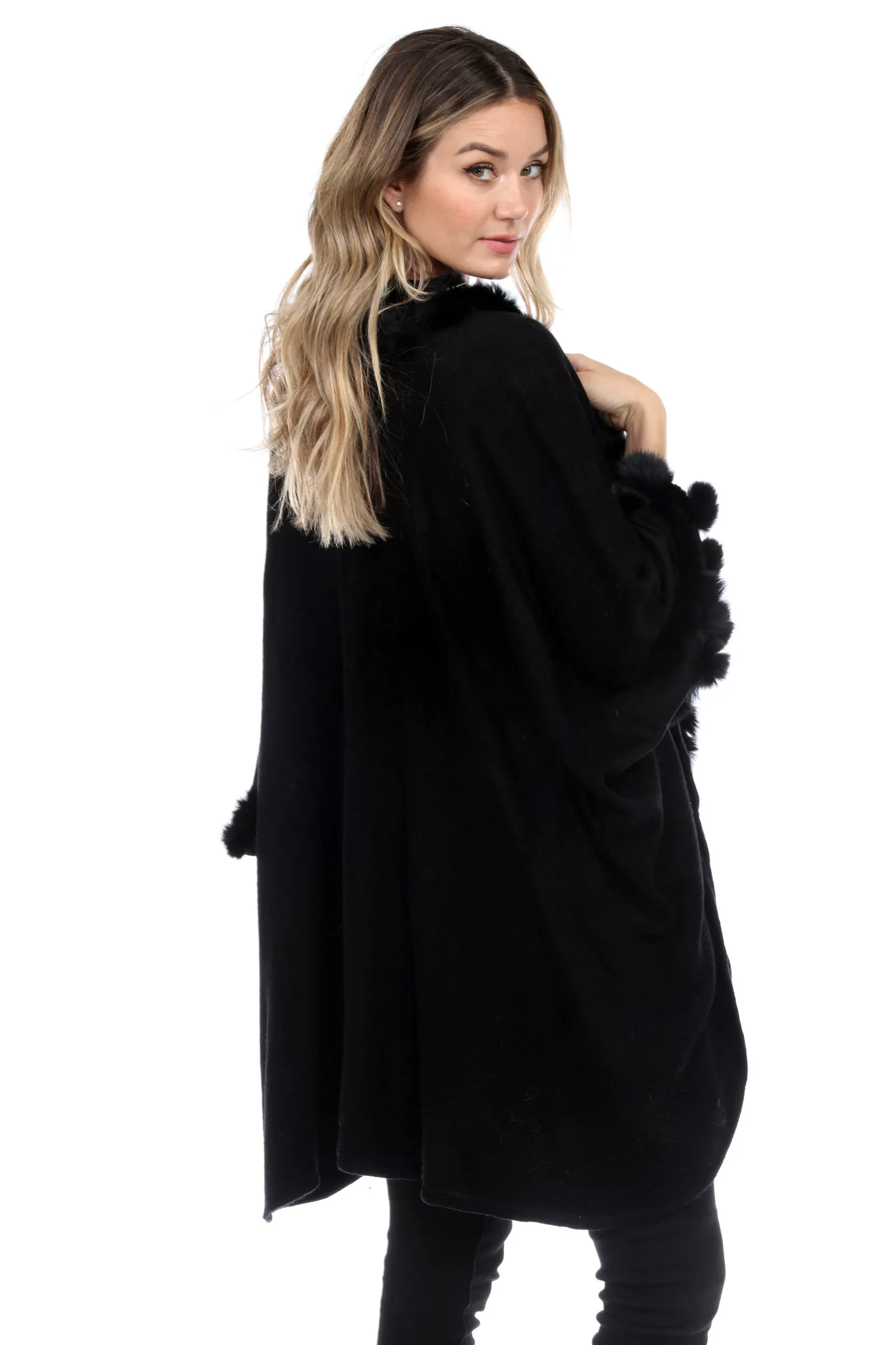Rabbit Fur Ball Faux Trim Cape Winter Poncho-1901