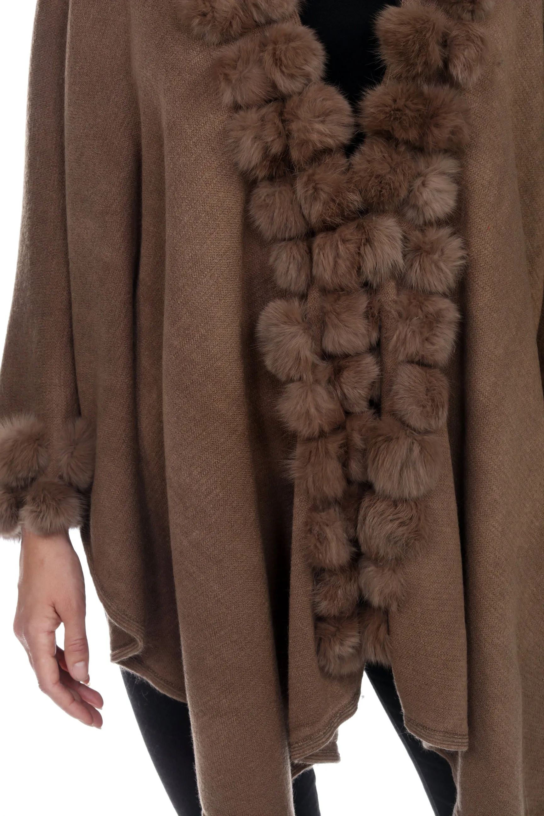 Rabbit Fur Ball Faux Trim Cape Winter Poncho-1901
