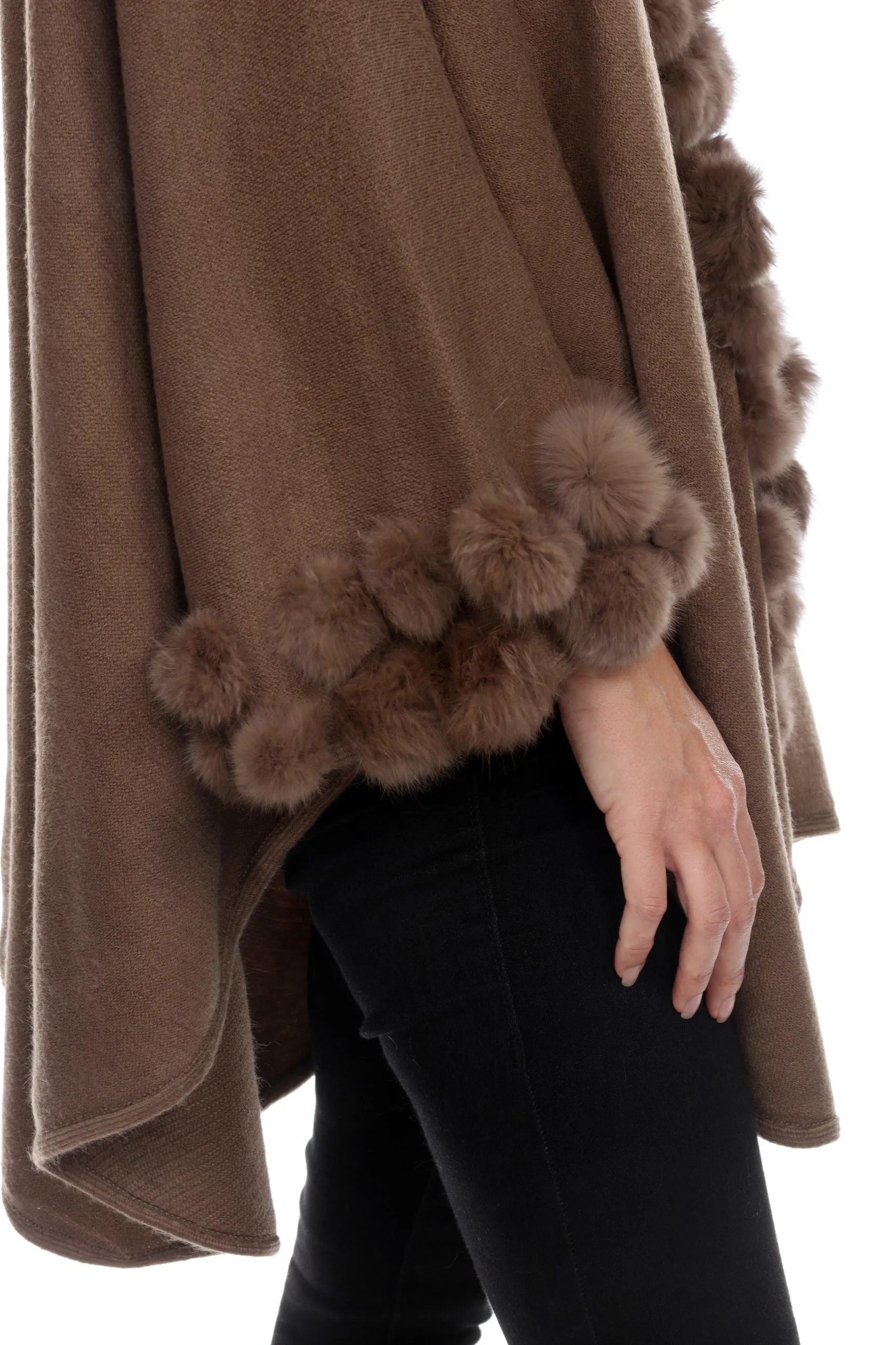 Rabbit Fur Ball Faux Trim Cape Winter Poncho-1901