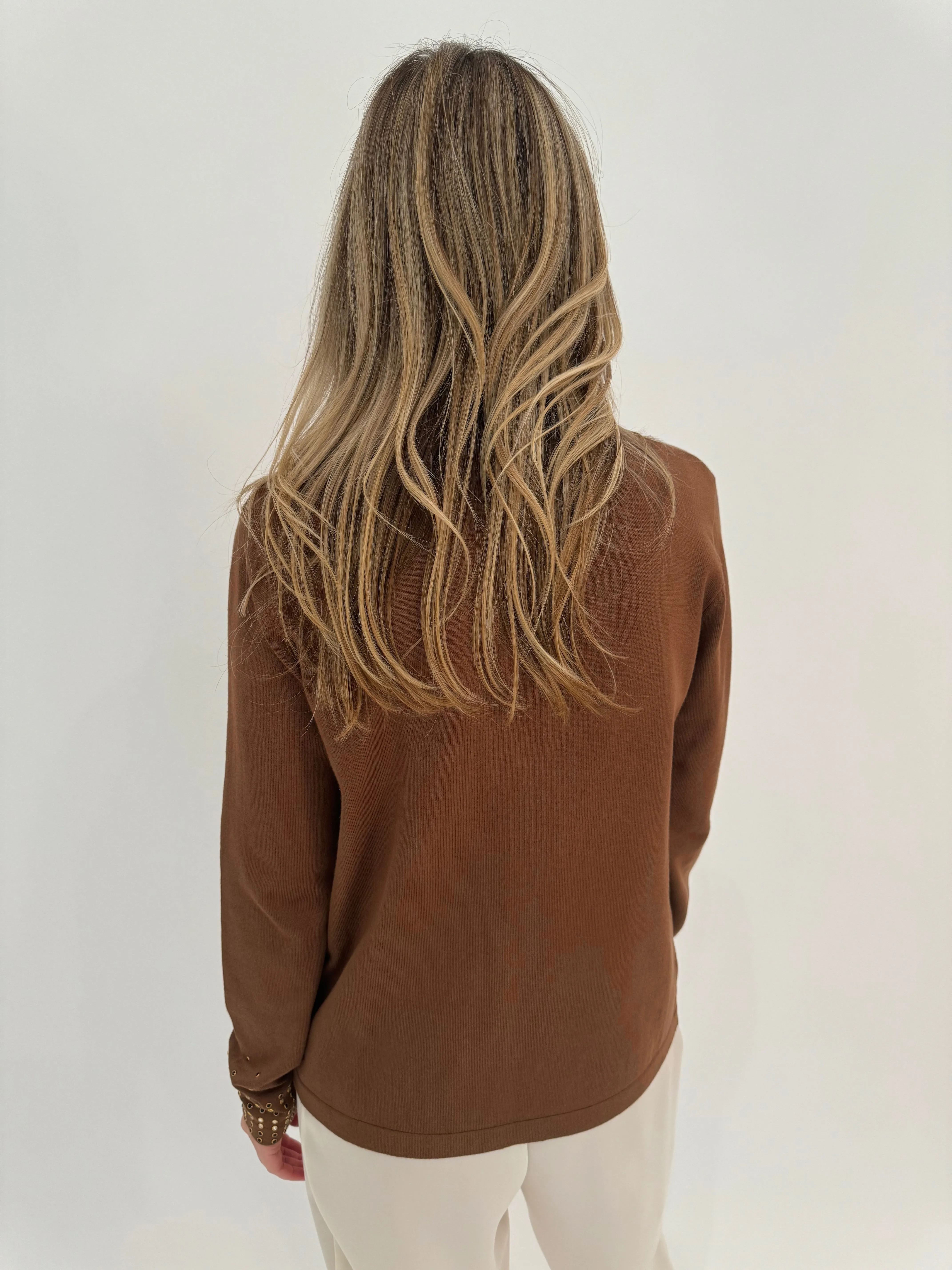Rhinestone Grommet Cardigan - Camel