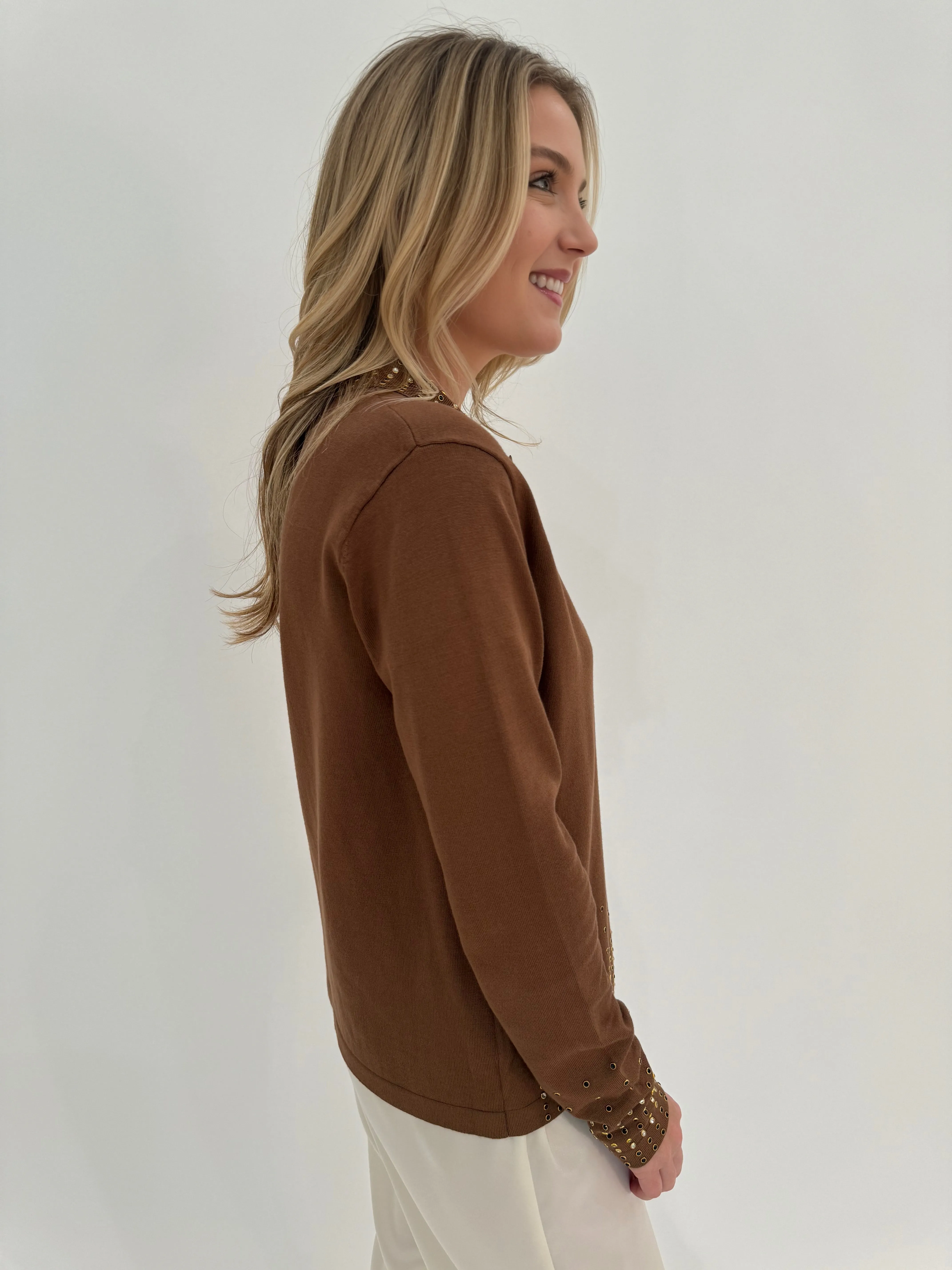 Rhinestone Grommet Cardigan - Camel