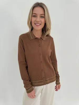 Rhinestone Grommet Cardigan - Camel