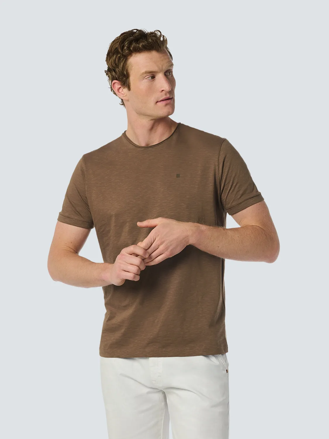 Round Neck T-Shirt with Rolled Sleeve Cuffs and Subtle Logo Print | Brown