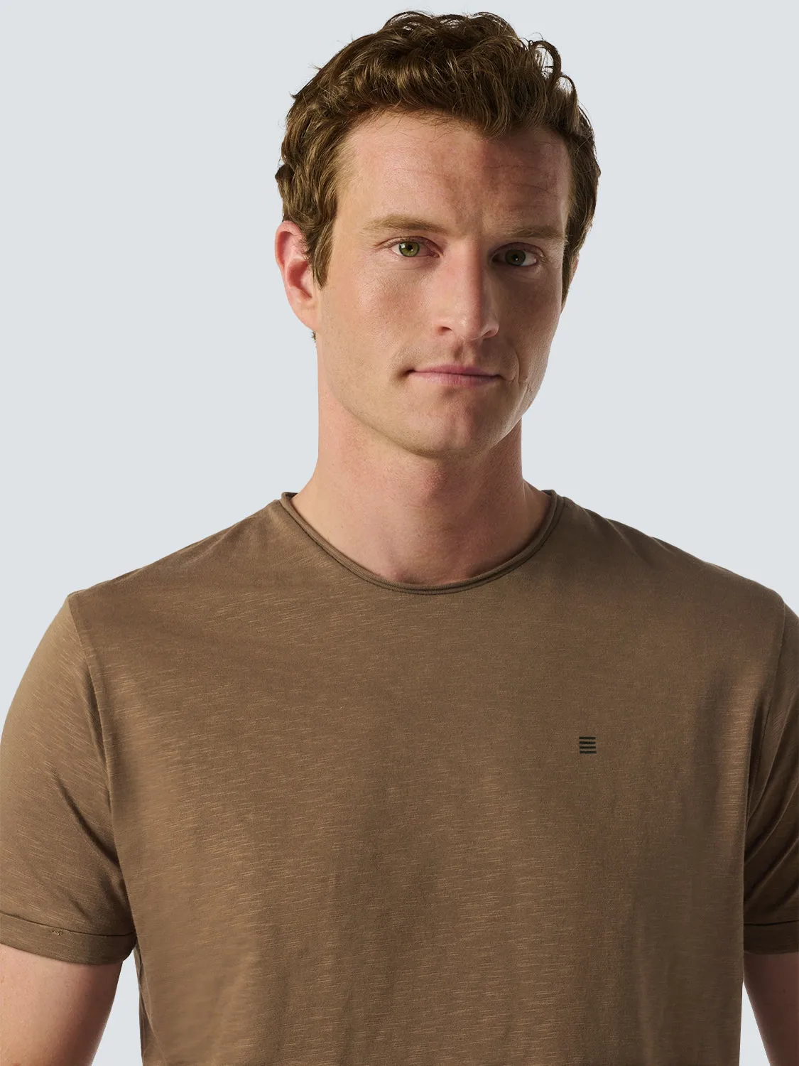 Round Neck T-Shirt with Rolled Sleeve Cuffs and Subtle Logo Print | Brown