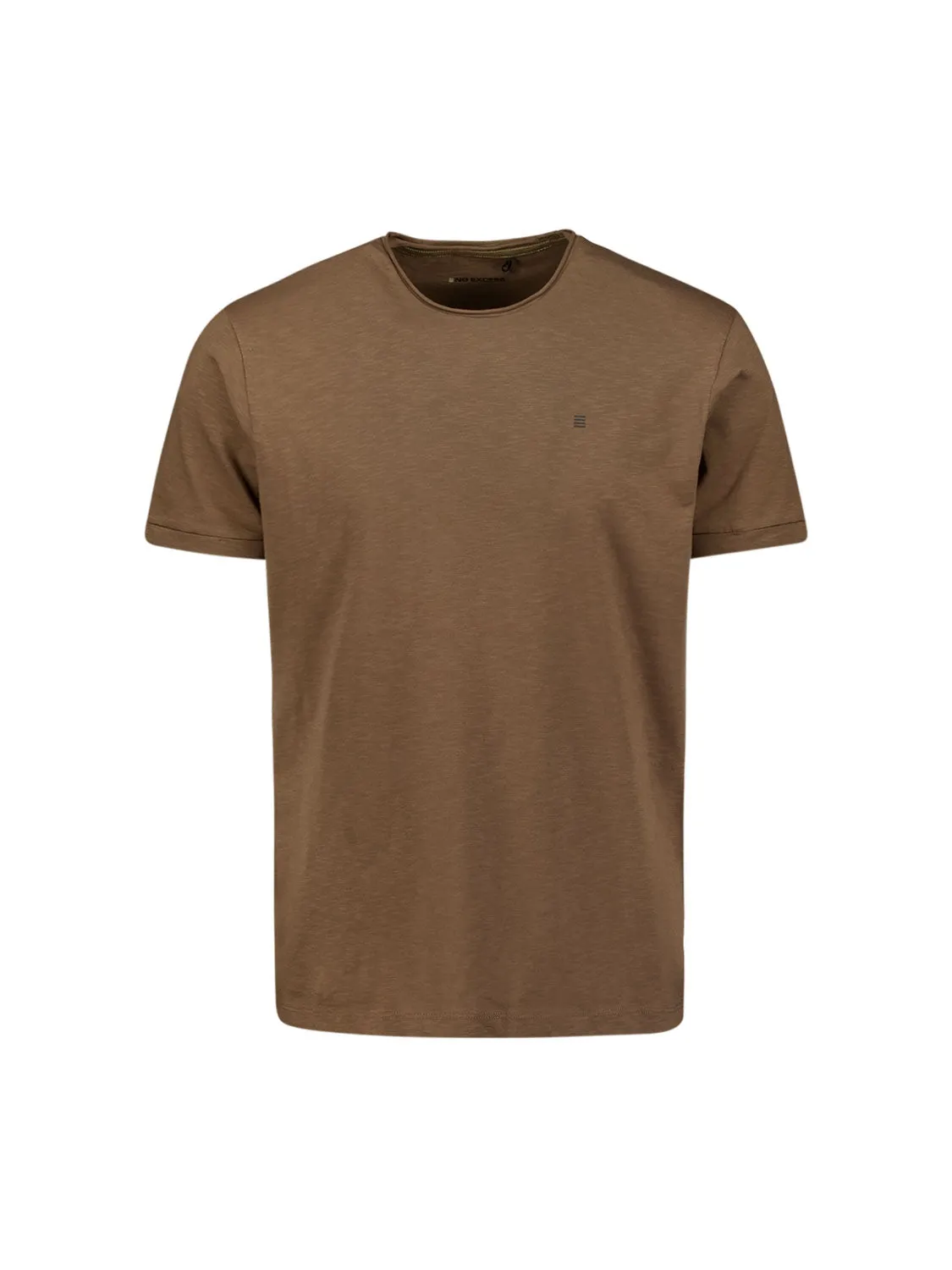 Round Neck T-Shirt with Rolled Sleeve Cuffs and Subtle Logo Print | Brown