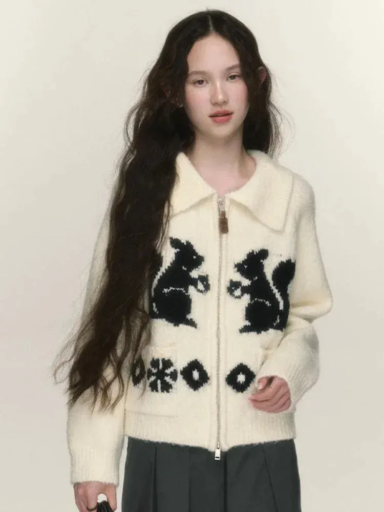 Squirrel Graphic Stylish Zipper Cardigan