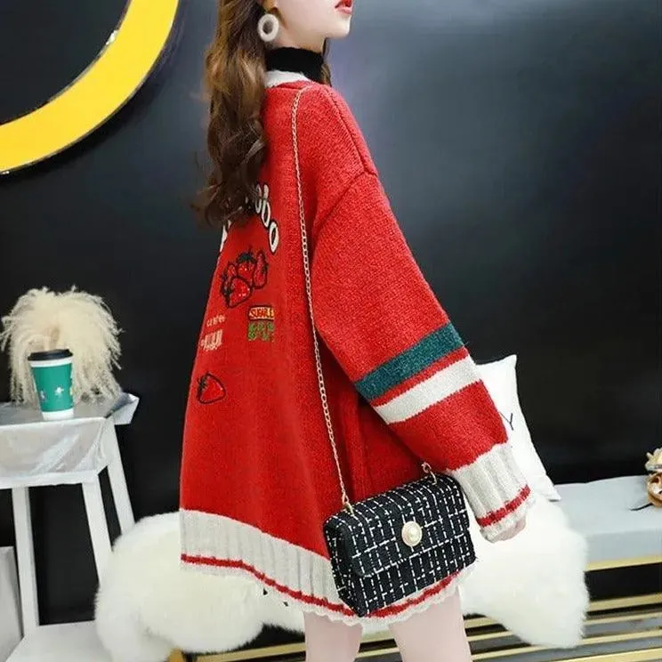 Strawberry Gum Cheerleader Student Uniform Women's Cardigan Korean Style V-neck Knitted Female Casual Kawaii Geek