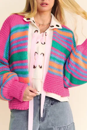 Stripe Puff Sleeve Open Cardigan