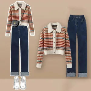 Striped Colorblock Heart Button Cardigan Sweater Casual Pants Two Piece Set