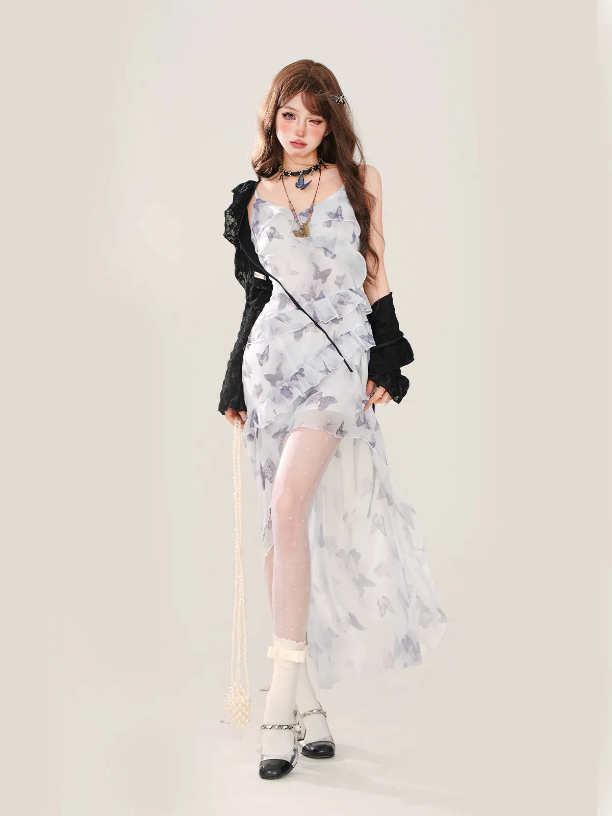 Summer Chiffon Dress Butterfly Cardigan   Asymmetrical